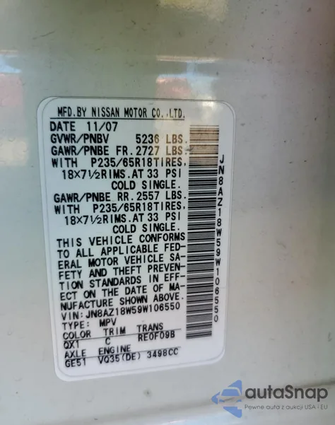 2009 Nissan Murano S from USA, damaged, VIN JN8AZ18W59W106550